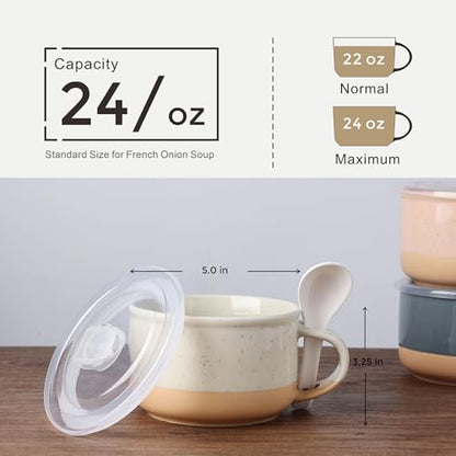 GBhome Ceramic Soup Mugs with Handles and Lids,24 OZ Soup Cups Set of 4 | Terracotta Underside,Mug Bowls with Spoon for Soup/Cereal/Salad/Noodles/Ramen/Microware &Dishwasher Safe-Grey&Beige - color: Grey&Beige