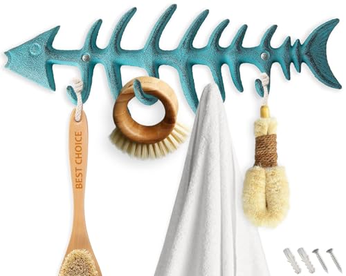Comfify Blue Fish Bones Cast Iron Wall Hook Rack – 4 Hooks, Screws | Blue; fish bones cast iron; 9.05"L x 3.34"H; 4 hooks; screws & anchors included; coastal nautical decor - color: Blue