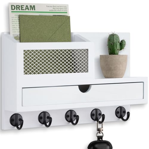 Key Holder Wall Mount, Key Holder for Wall with 5 Key Hooks and Storage Drawer Mail Organizer for Entryway Living Room Farmhouse Home Decor - color: White
