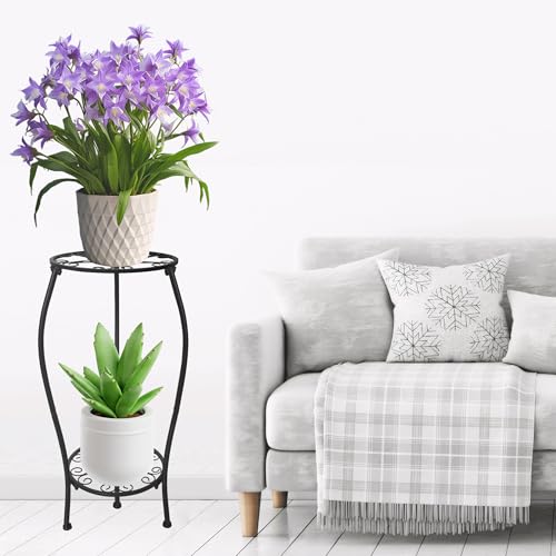 Metal Plant Stand 2 Tier Indoor Outdoor, Tall Flower Pot Shelf Rustproof Stable Corner Stand, 25.2 inch Multiple Plant Display Rack for Living Room Patio Balcony Garden