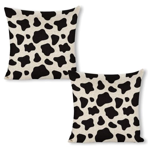 Cow Print Throw Pillow Covers Linen Pillow Cases 18x18 Inch Square Cushion Pillowscover Modern Farmhouse Decor Set of 2 for Sofa Bedroom Living Room Car - color: Cow Print, size: 18" x 18" (Pack of 2)