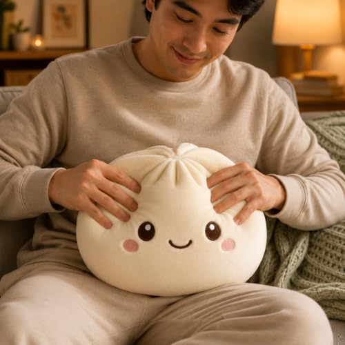 Juju Bao Bun Cushion - Soft Velvet Round Steamed Bun Throw Pillow with Embroidered Face for Sofa and Bed Decor