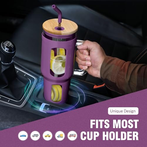 WINSA Glass Tumbler with Lid and Straw, 46 oz, Dark Purple | Iced Coffee Cup with Handle, Large Water Bottle with Silicone Sleeve, Pearl Straw & Drinking Straw, BPA Free - color: Dark Purple, size: 46 Ounces