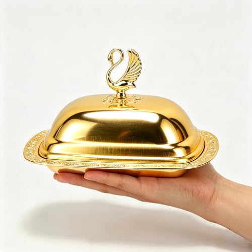 Stainless Steel Serving Tray with Lid for Fruit Desserts Snacks Candies | Serving Platte with Swan Handle Lid for Home Wedding Party Gatherings Dinners, Small Fruit Tray, Gold, 7.5"x 5.5" - color: Gold