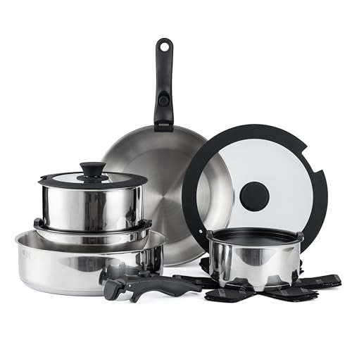 Country Kitchen Cookware Set with Removable Handle, Oven & RV Safe Pots and Pans Set, Stainless Steel, Original - color: Silver, size: Original