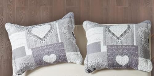 Brilliant Sunshine Grey Heartlove Pillowshams Set, 20"x26"+2" | Patchwork Design, Quilted Standard Pillowcases, Washable Scallop Edge Pillow Covers, Pack of 2 - color: Grey White, size: 20 x 26 inches