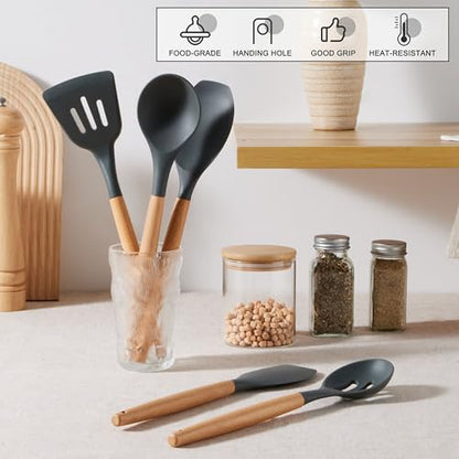 E-far Silicone Cooking Utensils Set, 5-Piece Kitchen Utensils Set with Wooden Handle for Cooking, Silicone Kitchen Nonstick Tools Spatula Turner Slotted Spoons, Nontoxic & Heat Resistant-Gray - color: Gray, size: 5