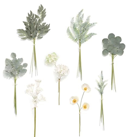 Serra Flora Artificial Greenery Spray Box Set(Pack of 64pcs) with 8 Kinds of Wedding Bouquet Filler Table Centerpieces and Floral Arrangement - color: White & White Green