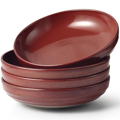 HAPPY KIT 9'' Pasta Bowls, 42oz, Stoneware Set of 4, DarkRuby - color: DarkRuby