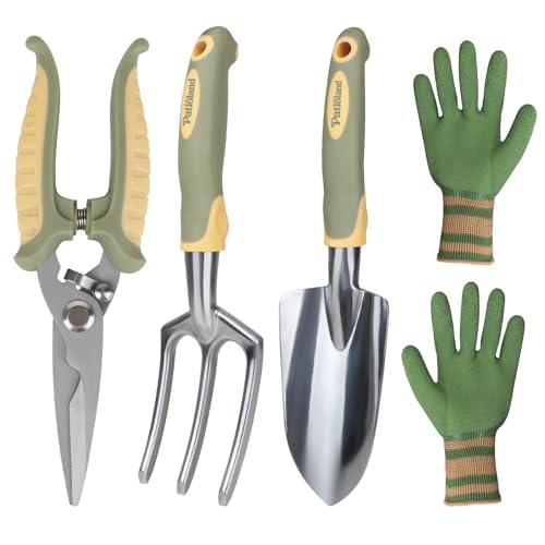 Green Garden Tool Set 4-Piece, Trowel, Fork, Pruning Shear&Gloves | Aluminum Gardening Hand Tools, Non-Slip Ergonomic Handles, for Digging Weeding, Gift for Women Men Gardener Plant Lovers - color: green-4pcs
