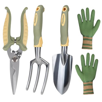 Green Garden Tool Set 4-Piece, Trowel, Fork, Pruning Shear&Gloves | Aluminum Gardening Hand Tools, Non-Slip Ergonomic Handles, for Digging Weeding, Gift for Women Men Gardener Plant Lovers - color: green-4pcs