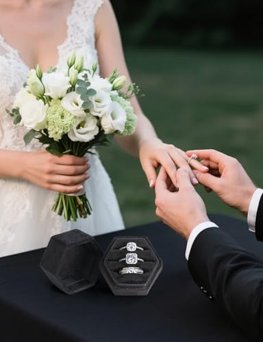 MFXIP Velvet 3 Slots Jewelry Ring Box Engagement Wedding Box Keepsake Box Bridal Photo Ring Triple Slots Hexagon - color: Black