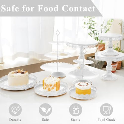 Set of 9 Cake Stands Metal Cupcake Stand Set Multiple Styles Candy Fruit Display Tower Dessert Plate Cake Serving Tray for Birthday Party Wedding Anniversary Baby Shower Engagement (White) - color: White