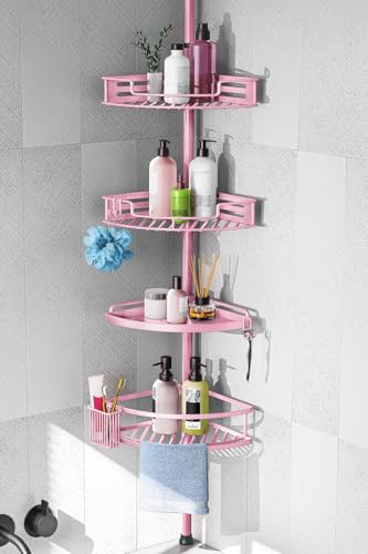 HAMITOR Corner Shower Caddy, 4 Tier Adjustable Bathroom Organizer - Pink | Corner Shower Caddy Tension Pole, No-Drill Setup, Rustproof Shelves Perfect for Bathrooms, Dorms & Apartments - 47-121in - color: Pink