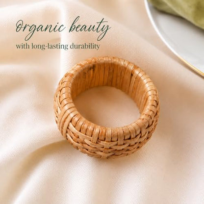 Alpha Living Home Rattan Napkin Rings, Brown, Set of 12 | Natural cane & plastic blend, 2x2x1 in each, boho rustic style, handcrafted, fits various napkin thicknesses - color: Tan, size: 12- Pack