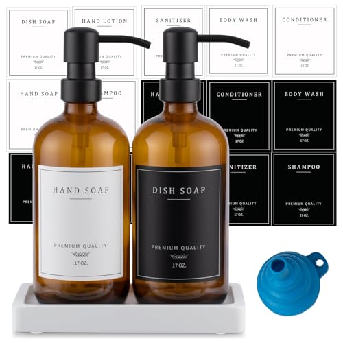 Thick Glass Soap Dispenser - Kitchen Dish Hand Soap Dispenser Set, Rustproof Pump Soap Lotion Dispenser Bathroom with Tray,14 Stickers for Kitchen Decor Amber Bottle/Black Pump - color: Amber Bottle/Black Pump + Tray + Funnel