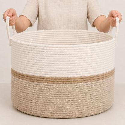 OrganiHaus Round Toy Basket & Blanket Basket, Cotton Rope 20x13" | Striped Honey - Round Cotton Rope Basket, 20x13" - color: Striped Honey, size: Wide
