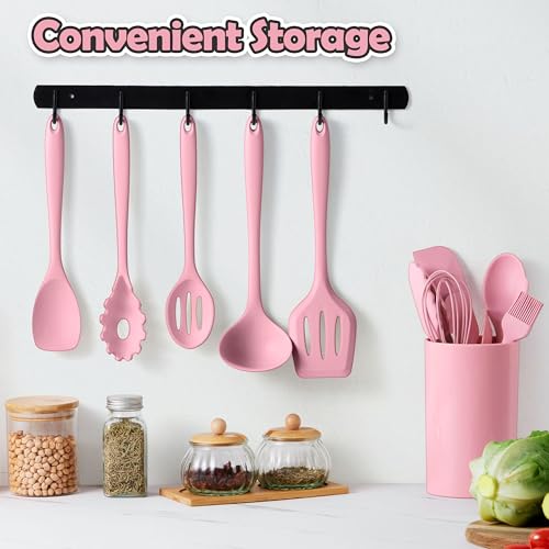 LIANYU 14 Pcs Silicone Cooking Utensils Set with Holder, Pink | Kitchen Utensils Set for Non-Stick Cookware, 446°F Heat Resistant Cooking Tools with Comfort Grip Handle, Dishwasher safe - color: Pink