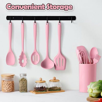 LIANYU 14 Pcs Silicone Cooking Utensils Set with Holder, Pink | Kitchen Utensils Set for Non-Stick Cookware, 446°F Heat Resistant Cooking Tools with Comfort Grip Handle, Dishwasher safe - color: Pink