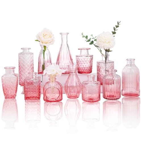 CUCUMI 12pcs Bud Vases for Centerpieces, Pink Glass Vase Set | Small Vintage Vases for Centerpieces, Decorative Flower Vases for Wedding Home Table Decor - color: Pink, size: 12pcs
