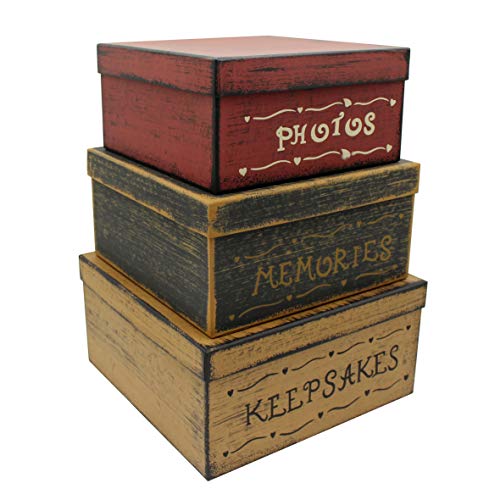 Primitive Vintage Square Photos, Memories, Keepsakes Cardboard Nesting Boxes, Large 11 X 11 X 5-1/2 Inch. Set of 3. - color: Photos, Memories, Keepsakes, size: 11" X 11" X 5-1/2"H