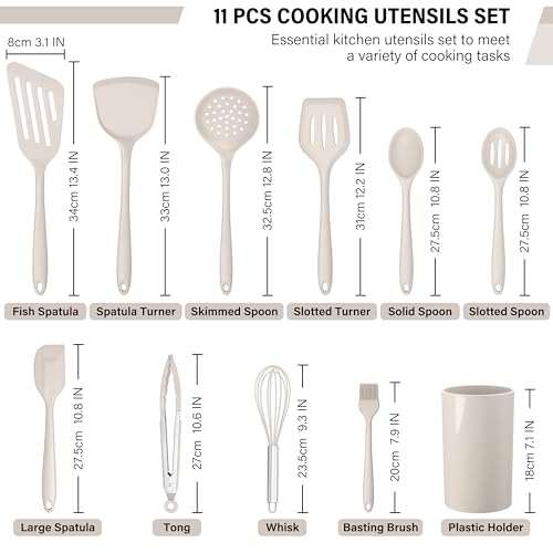 HaWare 11 PCS Silicone Cooking Utensils Set, Heat Resistant Kitchen Utensils with Holder, Food-grade Spatula Sets for Nonstick Cookware, Kitchen Tools Gadgets Include Fish Turner, Spoon (Khaki) - color: Khaki