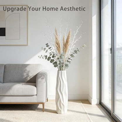 White Tall Ceramic Floor Vase, 24 Inch, Pleated Wave Design | Glossy Glazed Finish, Living Room, Fireplace, Entryway, Pampas Grass - color: Shape 1, size: 24 Inch