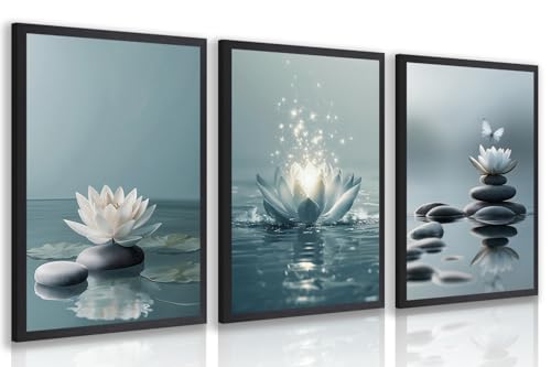 GELDSTEI Wood Framed Lotus Flower Zen Stones Wall Art Set of 3, 16x24 in | Peaceful Zen Wall Decor, Blooming Lotus, Tranquil Water and Stacked Stones Art Prints, Calm Gift for Spa and Meditation Room - color: Zen(Wood), size: 24"L x 16"W