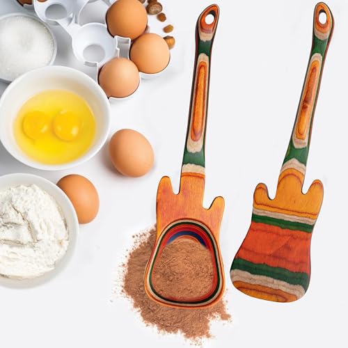Pakkawood 12 inch Guitar Cooking Spoons and Spatula Set, Long Handle Flat Frying Spatulas & Handmade wooden spoons, Kitchen Utensil Salad Servers set for Cooking, Frying, Baking, Set of 2 - color: Pakkawood Guitar