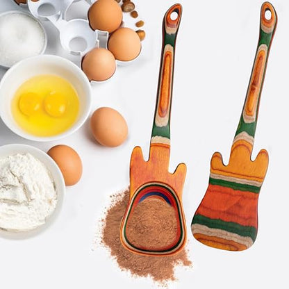 Pakkawood 12 inch Guitar Cooking Spoons and Spatula Set, Long Handle Flat Frying Spatulas & Handmade wooden spoons, Kitchen Utensil Salad Servers set for Cooking, Frying, Baking, Set of 2 - color: Pakkawood Guitar