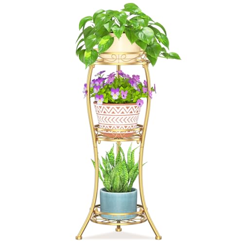 LASZOLA 3 Tiers Metal Corner Plant Flower Stand Tall Indoor Outdoor, Gold | Heavy Duty Small Holder Shelf for Multiple Plants, Vintage 30 Inch High for Patio Office, Modern Sturdy Vertical Iron Rack - color: Classic Gold, size: 3 Tier