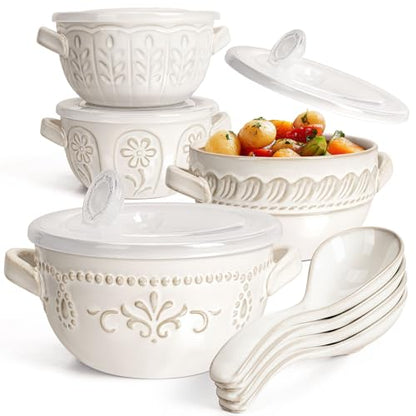 French Onion Soup Bowls with Handles and lids & Spoons, 20 Oz Ceramic Soup Crocks Oven Safe Serving Bowls for Chili, Beef Stew, Cereal, Pot Pies, Embossment, Set of 4, White (Multiple Patterns) - color: White (Multiple Patterns)