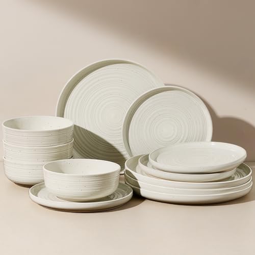 Stoneware Dinnerware Set for 4, Plates and Bowls, Cream | 12 pcs Speckled Spiral Coupe Dishes, Chip & Scratch Resistant Everyday Ceramics, Microwave & Dishwasher Safe, Farmhouse Style - color: Cream, size: Service for 4 (12pc)
