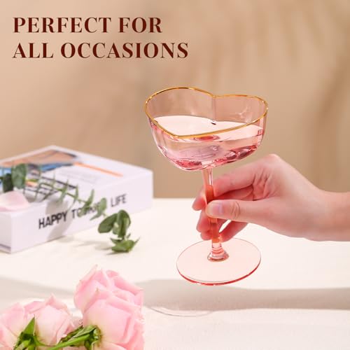 Pink Coupe Glasses Set of 2, Heart-Shaped Martini Glasses with Golden Rim, Fancy Manhattan, Cosmopolitan, Sidecar Cocktail Glassware for Wedding, Mothers Day, Birthdays, Anniversary- 8oz - size: 2 Count(Pack of 1)