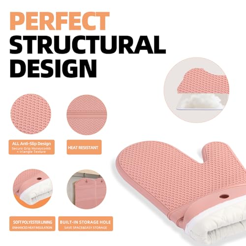 YUTAT Silicone Oven Mitts Kitchen Potholder Set - Perfect for Baking and Cooking,Pink,2 Pcs Set - color: Pink-honeycomb Surface, size: 13“L x 7"W-2 Piece