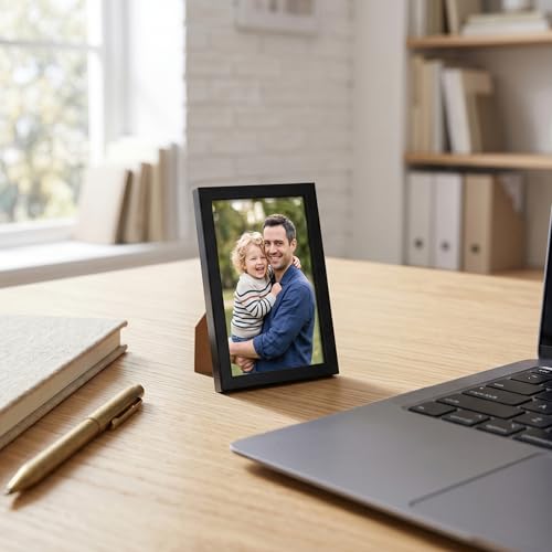 Americanflat 4x6 Picture Frame - Slim Molding - Black | Shatter-resistant glass, wall or tabletop display with included easel, triangle hangers included, secure turn-tab backing - color: Black, size: 4x6