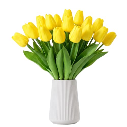 Yellow Artificial Tulips, 20 Pcs PU Real Touch Faux Flowers | 13.5" tall, 20 bendable stems, fake flowers for Easter, spring, wedding centerpiece, home, kitchen, vase decor - color: Yellow