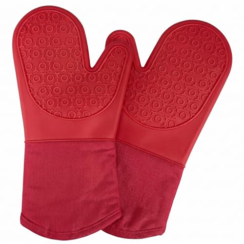Silicone Oven Mitts Ultra Heat Resistant up to 500°F - Oven Mitts with Thick Cotton Liner - Long Slip Resistant Pot Holders, Flexible Oven Gloves -2Pack 13.5" (RED) - color: Red
