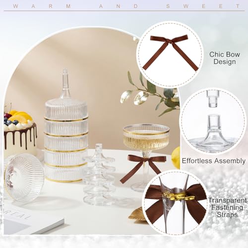 Set of 24 Plastic Champagne Coupe Glasses with Bow 7 oz Gold Champagne Tower Set Stackable Acrylic Ribbed Martini Glasses Cocktail Coupe Cup for Wedding Birthday Party Bar (Bowknot,Brown) - color: Brown, style: Bowknot