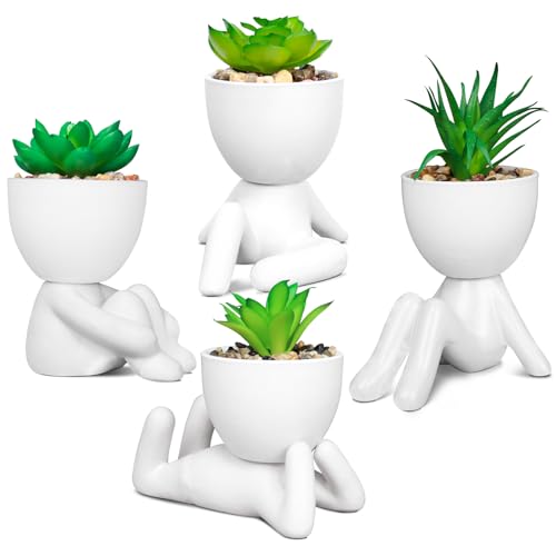 Set of 4 Artificial Succulents in Ceramic Pots, Cute Human Shaped Fake Plants for Shelves, Small Faux Plants for Office Desk Decor, Bathroom Decor, Bookshelf and Home Room Decorations - color: White