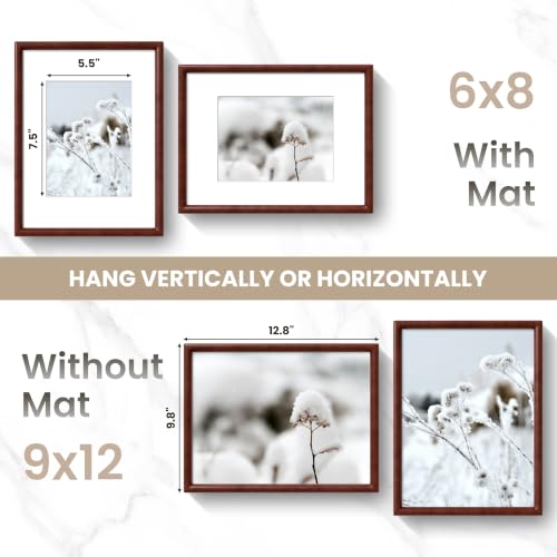 Acovy 9x12 Picture Frame, Natural Solid Mahogany Wood | Handcrafted Wooden Frame, Matted to 6x8, High Definition Tempered Glass, Wall Hook Included - color: Mahogany, size: 9"x12"