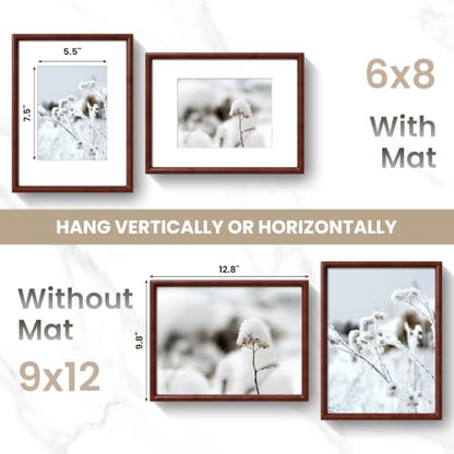 Acovy 9x12 Picture Frame, Natural Solid Mahogany Wood | Handcrafted Wooden Frame, Matted to 6x8, High Definition Tempered Glass, Wall Hook Included - color: Mahogany, size: 9"x12"