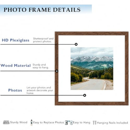 Wood 12x12 Picture Frame with 8x8 Mat, Display 8x8 with Mat or 12x12 Without Mat, Wood 12 by 12 Photo Frame, 12 x 12 Frame for Wall Hanging Display, Deep Brown, 3 Pack - size: 12x12 inch