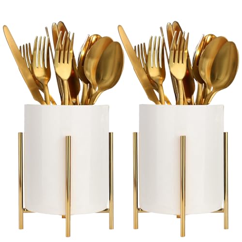 Utensil Organizer for kitchen, Knives and Forks with Shiny metal frame Tray for Farmhouse Kitchen Decor and Countertop(6 * 4.33inch) - color: Gold white, size: XL