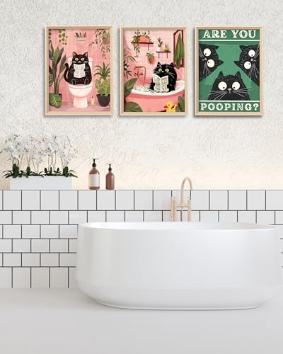 UPWOIGH Funny Cat Framed Bathroom Wall Art, 12 x 16 Inch, Set of 3 | Black Cats Reading and Bathing, Are You Pooping Quote, Pink and Green Prints, Beige Oak Frames for Restroom and Powder Room - color: pink and Blue