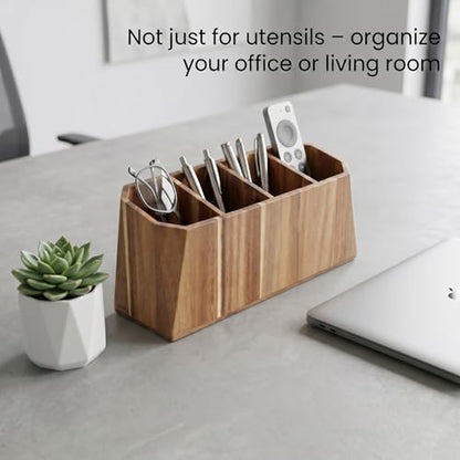 Extra Large Kitchen Utensil Holder for Countertop – Acacia Wood Utensil Holder with 4 Compartments, Beveled Edges, Non-Slip Pads & Drain Hole – Rustic Farmhouse Kitchen Countertop Storage Caddy - size: 4 Compartment