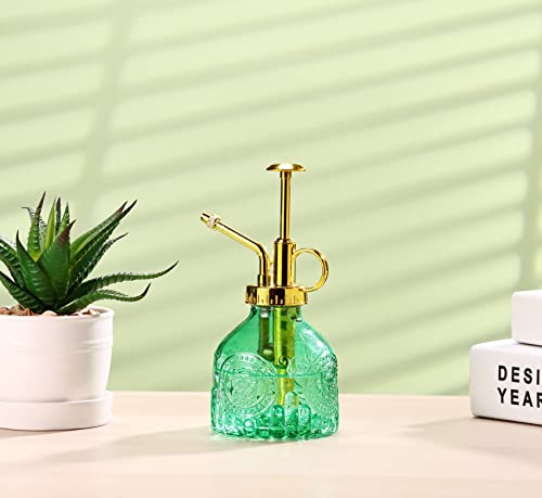 Glass Plant Mister Spray Bottle, 6.5" Green Glass Water Spray Bottle with Gold Top Pump Small Watering Can, Small Plant Sprayer Mister for Indoor Outdoor House, Green+Gold (Green+Gold D) - style: Green+Gold D