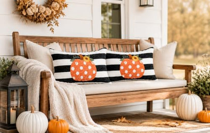 Embroidery Fall Pumpkin Pillow Covers Set of 2(Black & White,12x20) | Soft chenille, black-and-white stripe design, applique pumpkin and sunflower embroidery, hidden zipper, for sofa and bed - size: 20" x 12" (Pack of 2)