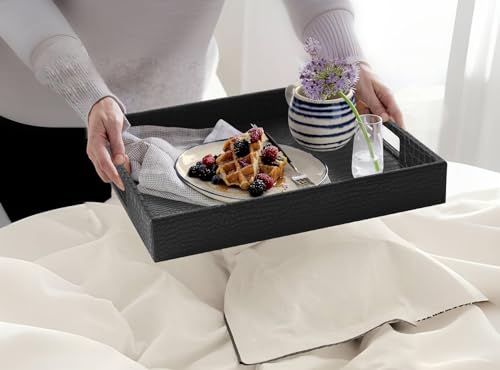 HofferRuffer Rectangle Serving Tray with Hole Handles for Coffee Table, Breakfast, Tea, Food, Butler - Countertop, Kitchen, Vanity Serve Tray, 16.2 x 12.2 x 2 inches, Faux Leather (Black Croco) - color: Black Croco