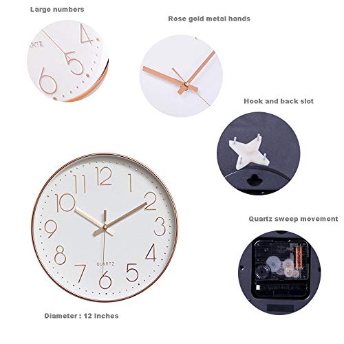 12 Inch Battery Operated Silent Non-Ticking Wall Clock, Quality Quartz Sweep Rose Gold Wall Clock for Home Bedroom School - color: Rosegold, size: 12 Inch